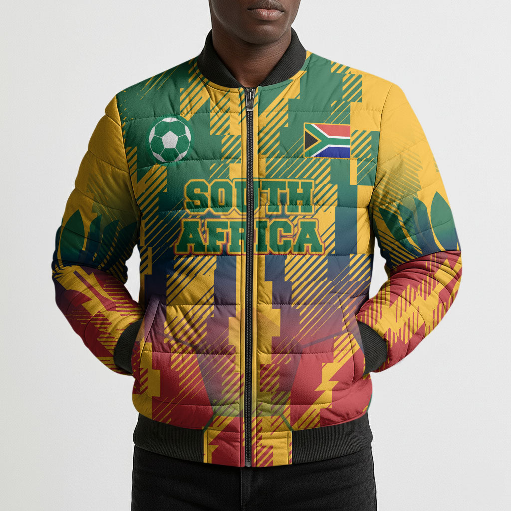 Personalized South Africa Football Bomber Puffer Jacket South African Flag Inspiration - Soccer Graphic Bold Color Blocks