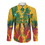 Personalized South Africa Football Long Sleeve Button Shirt South African Flag Inspiration - Soccer Graphic Bold Color Blocks