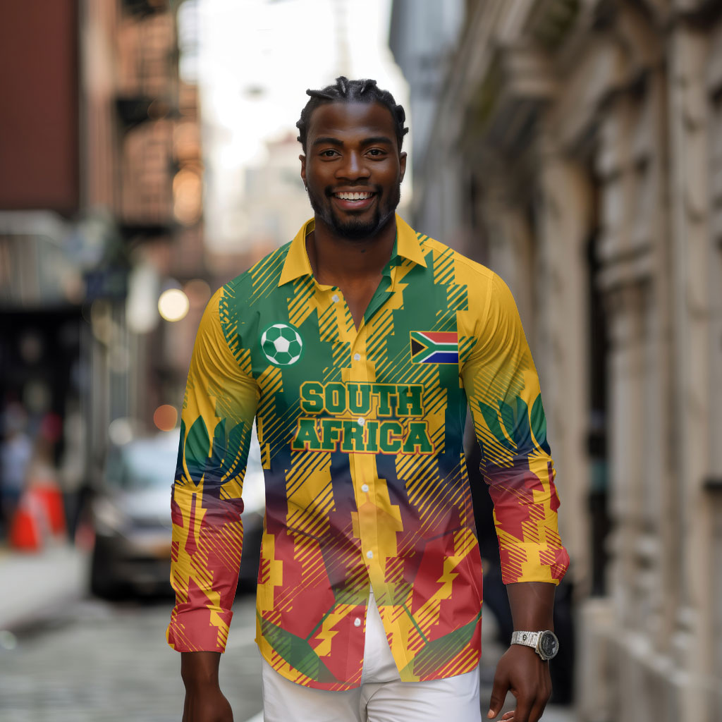 Personalized South Africa Football Long Sleeve Button Shirt South African Flag Inspiration - Soccer Graphic Bold Color Blocks