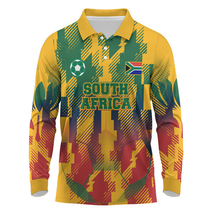 Personalized South Africa Football Long Sleeve Polo Shirt South African Flag Inspiration - Soccer Graphic Bold Color Blocks