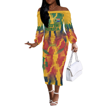 Personalized South Africa Football Off The Shoulder Long Sleeve Dress South African Flag Inspiration - Soccer Graphic Bold Color Blocks