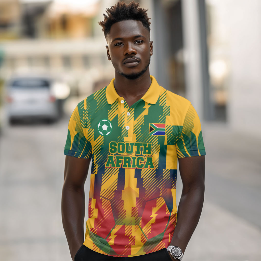 Personalized South Africa Football Polo Shirt South African Flag Inspiration - Soccer Graphic Bold Color Blocks