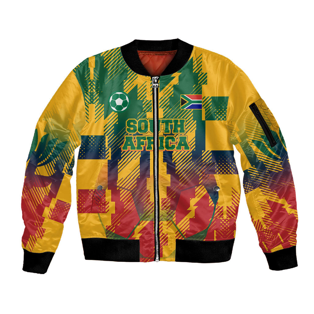 Personalized South Africa Football Sleeve Zip Bomber Jacket South African Flag Inspiration - Soccer Graphic Bold Color Blocks