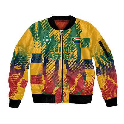 Personalized South Africa Football Sleeve Zip Bomber Jacket South African Flag Inspiration - Soccer Graphic Bold Color Blocks