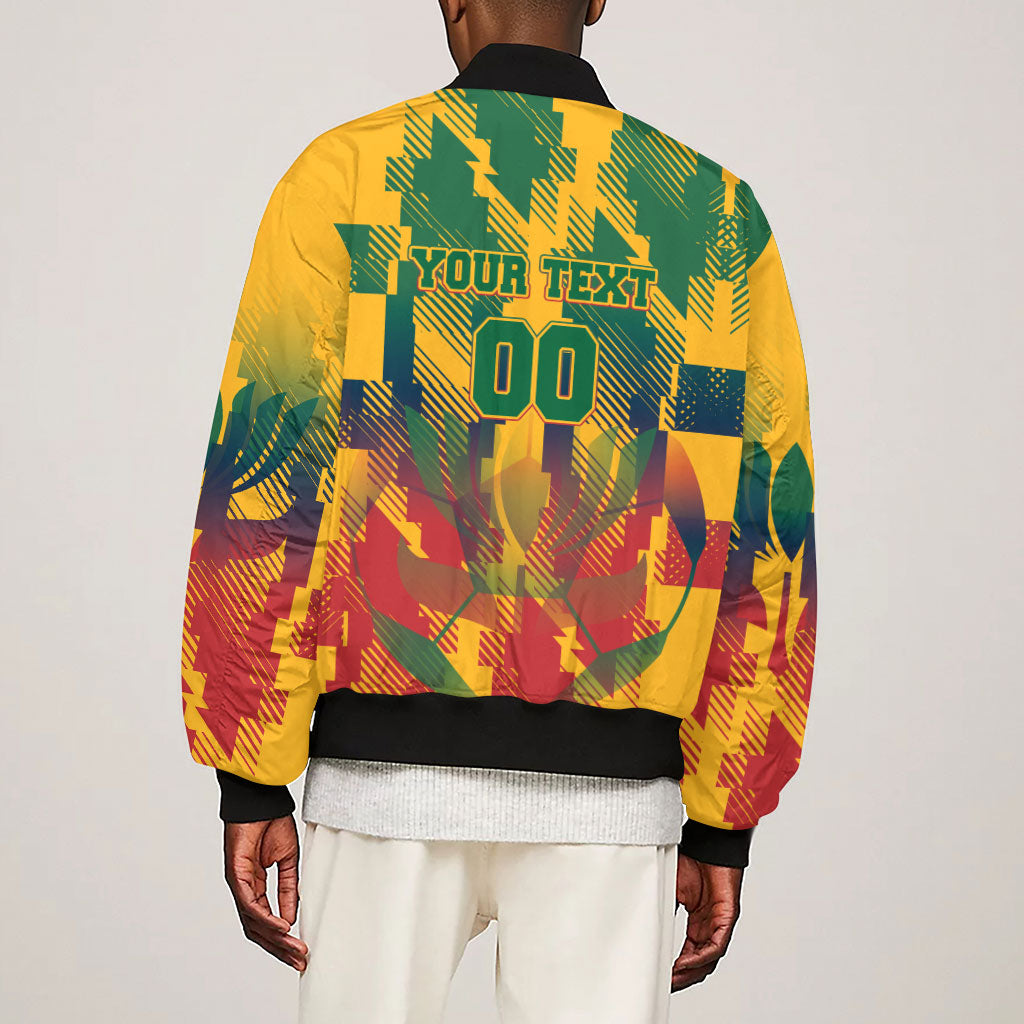 Personalized South Africa Football Sleeve Zip Bomber Jacket South African Flag Inspiration - Soccer Graphic Bold Color Blocks