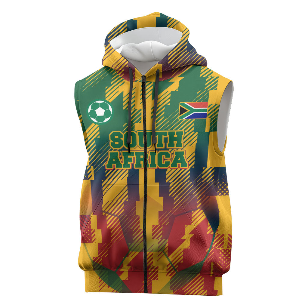 Personalized South Africa Football Sleeveless Zip Hoodie South African Flag Inspiration - Soccer Graphic Bold Color Blocks