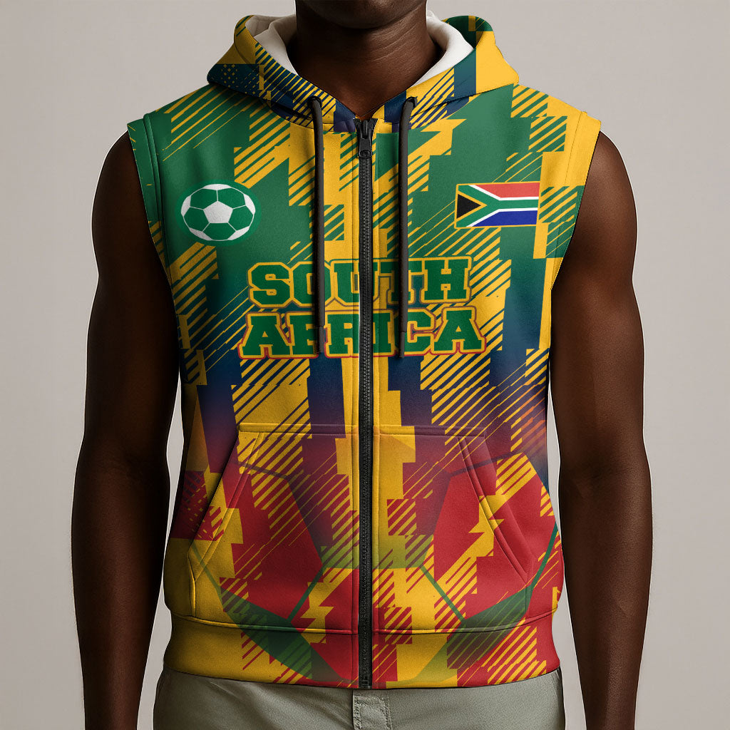 Personalized South Africa Football Sleeveless Zip Hoodie South African Flag Inspiration - Soccer Graphic Bold Color Blocks