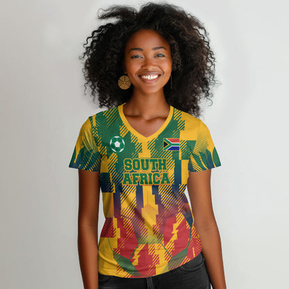 Personalized South Africa Football Women V-Neck T-Shirt South African Flag Inspiration - Soccer Graphic Bold Color Blocks