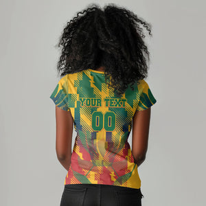Personalized South Africa Football Women V-Neck T-Shirt South African Flag Inspiration - Soccer Graphic Bold Color Blocks
