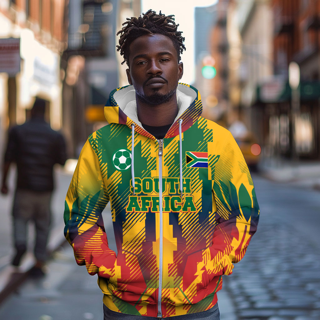 Personalized South Africa Football Zip Hoodie South African Flag Inspiration - Soccer Graphic Bold Color Blocks