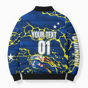 Personalized Curacao Football Bomber Puffer Jacket Caribbean Splash Paint Soccer Graphic