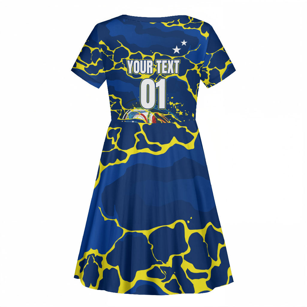 Personalized Curacao Football Kid Short Sleeve Dress Caribbean Splash Paint Soccer Graphic