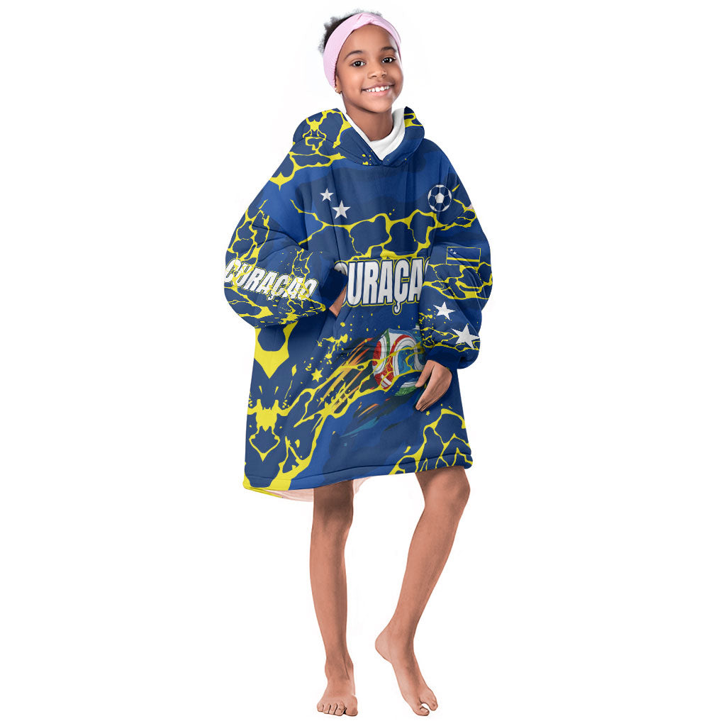 Personalized Curacao Football Kid Wearable Blanket Hoodie Caribbean Splash Paint Soccer Graphic