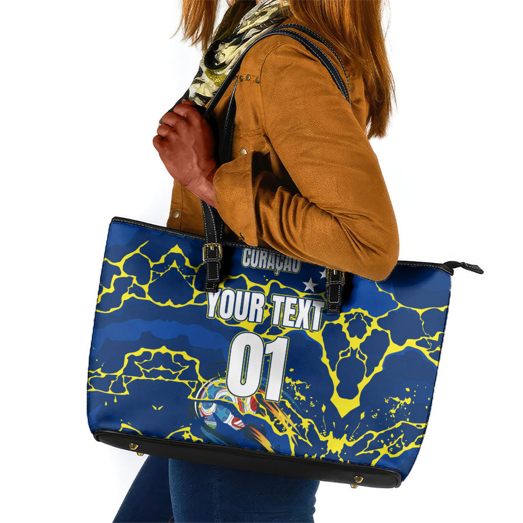 Personalized Curacao Football Leather Tote Bag Caribbean Splash Paint Soccer Graphic