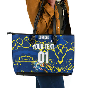 Personalized Curacao Football Leather Tote Bag Caribbean Splash Paint Soccer Graphic