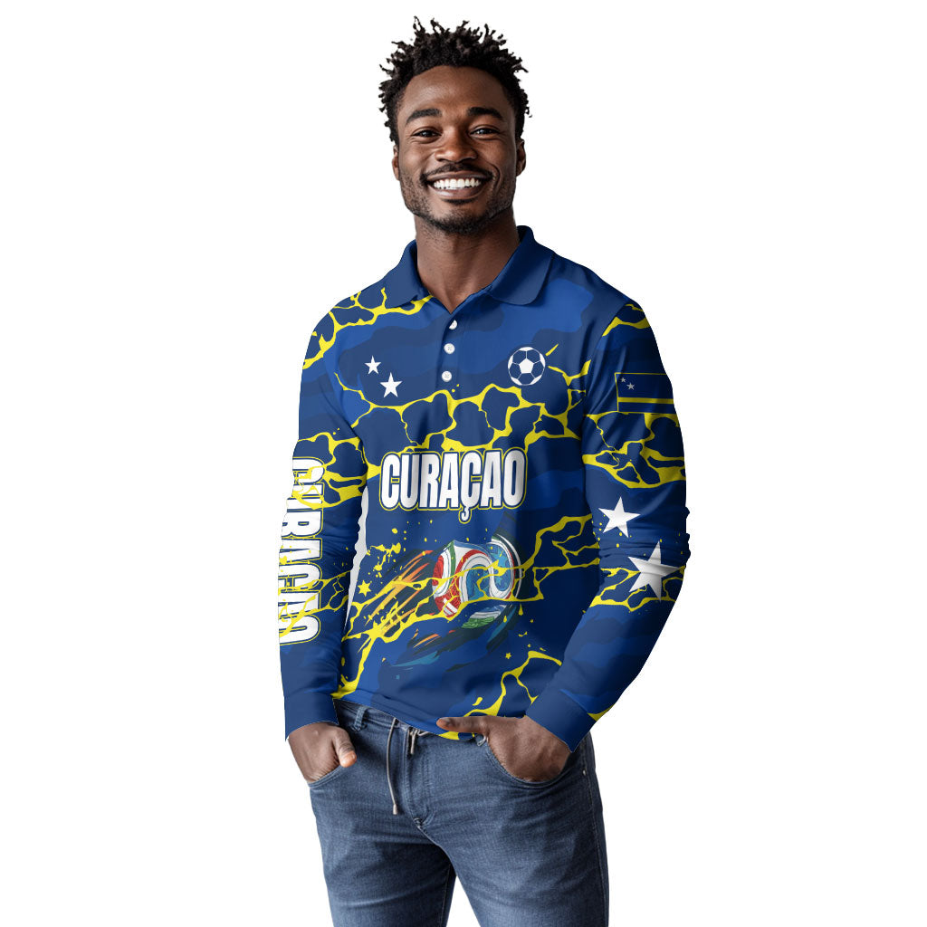 Personalized Curacao Football Long Sleeve Polo Shirt Caribbean Splash Paint Soccer Graphic