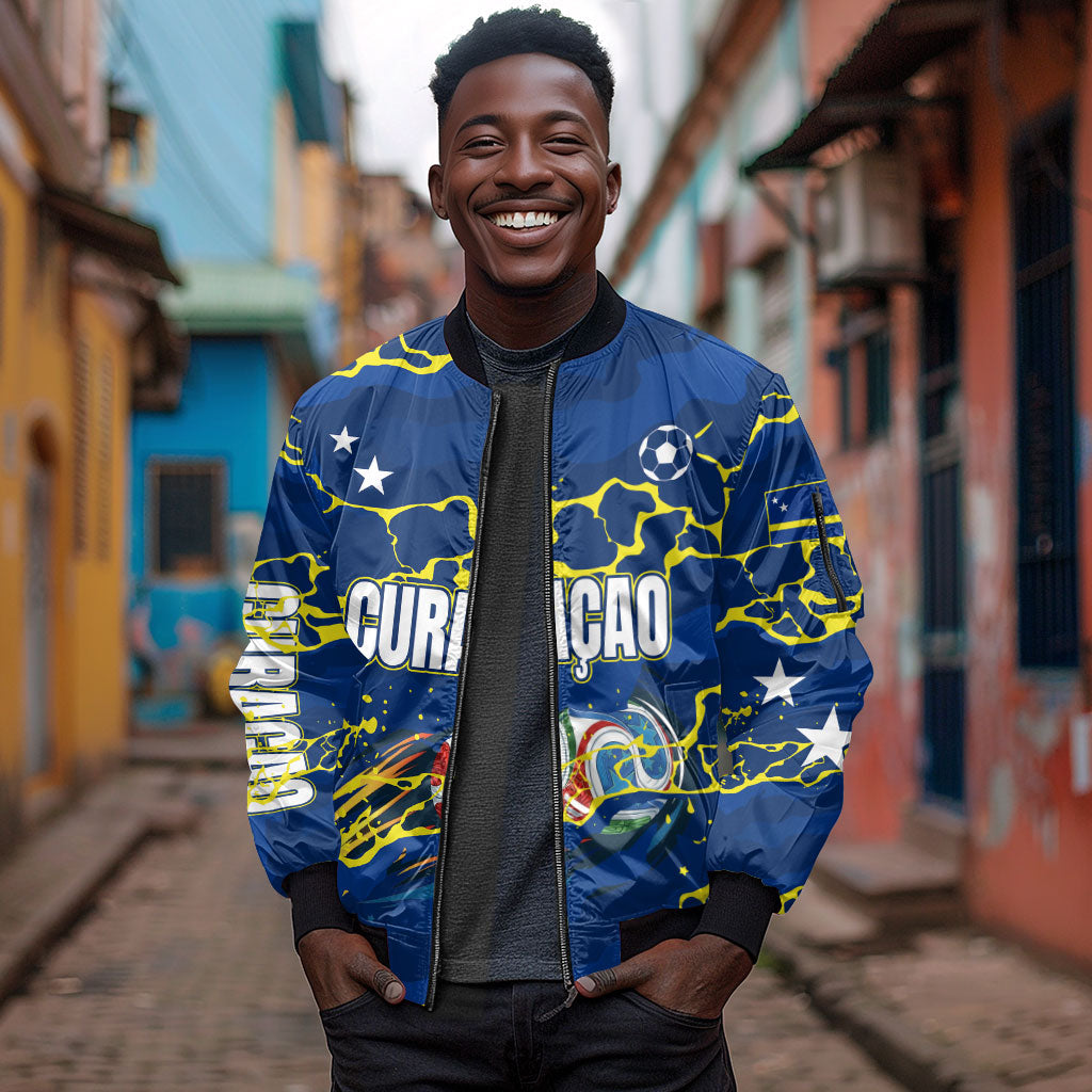 Personalized Curacao Football Sleeve Zip Bomber Jacket Caribbean Splash Paint Soccer Graphic