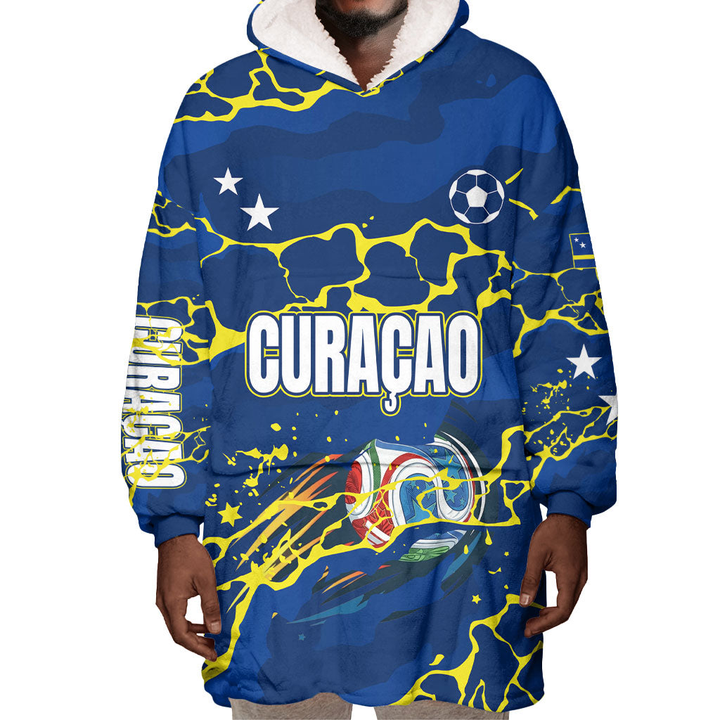 Personalized Curacao Football Wearable Blanket Hoodie Caribbean Splash Paint Soccer Graphic