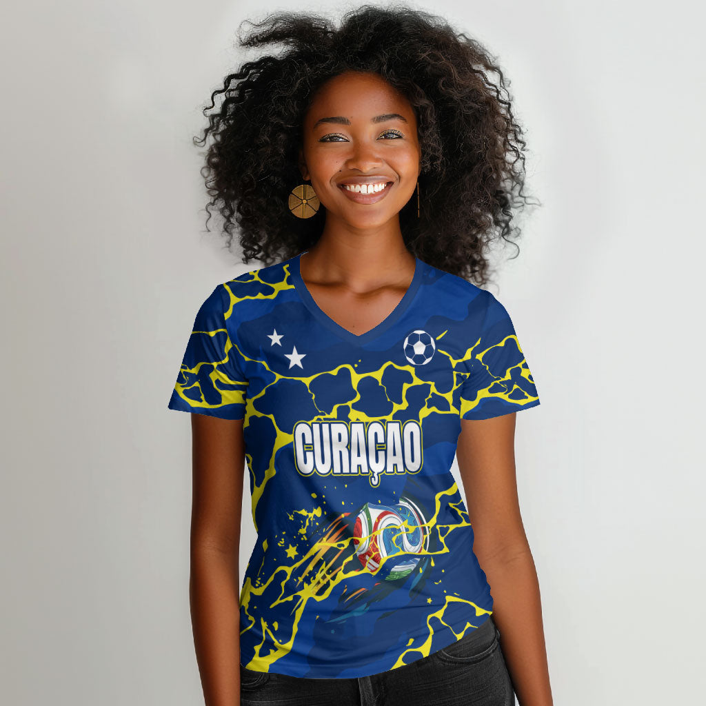 Personalized Curacao Football Women V-Neck T-Shirt Caribbean Splash Paint Soccer Graphic