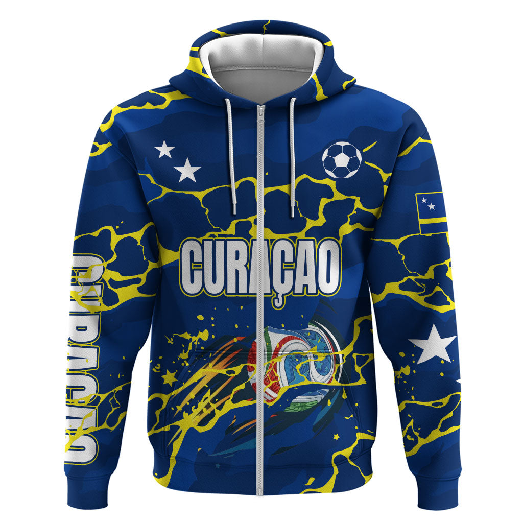 Personalized Curacao Football Zip Hoodie Caribbean Splash Paint Soccer Graphic