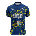 Personalized Curacao Football Zipper Polo Shirt Caribbean Splash Paint Soccer Graphic