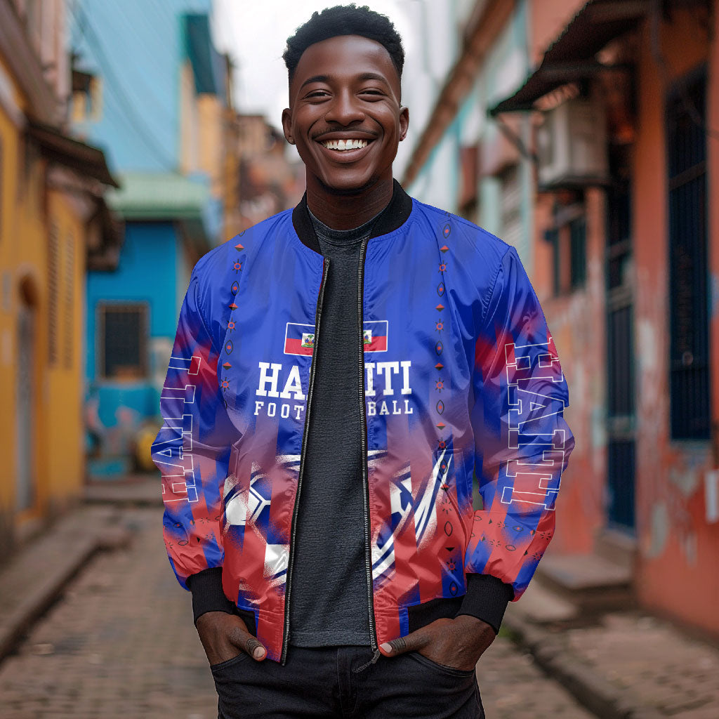 Personalized Haiti Football Bomber Jacket Brush Stroke Soccer Graphic Flag Colors