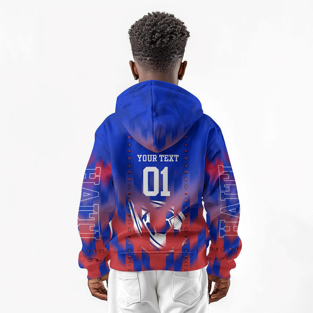 Personalized Haiti Football Kid Hoodie Brush Stroke Soccer Graphic Flag Colors