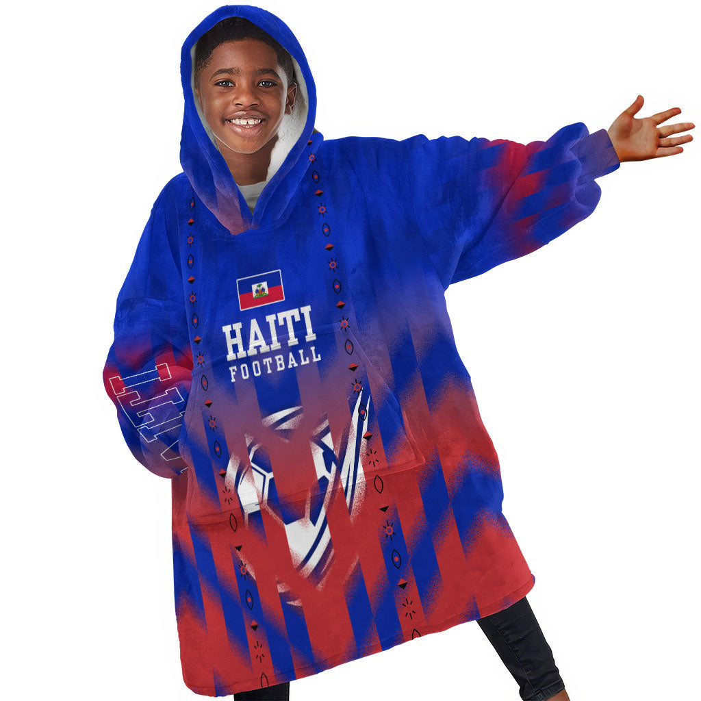 Personalized Haiti Football Kid Wearable Blanket Hoodie Brush Stroke Soccer Graphic Flag Colors