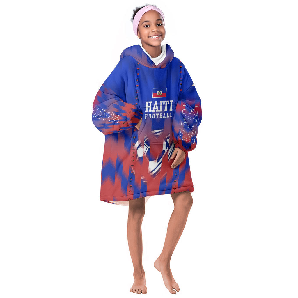 Personalized Haiti Football Kid Wearable Blanket Hoodie Brush Stroke Soccer Graphic Flag Colors