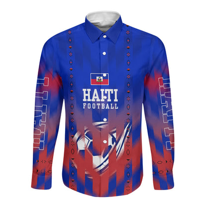 Personalized Haiti Football Long Sleeve Button Shirt Brush Stroke Soccer Graphic Flag Colors