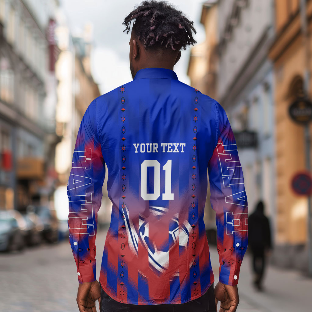 Personalized Haiti Football Long Sleeve Button Shirt Brush Stroke Soccer Graphic Flag Colors
