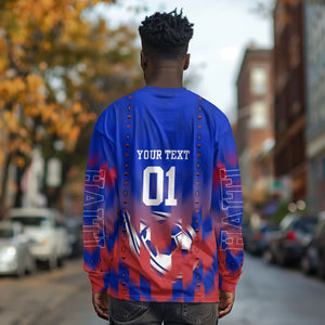 Personalized Haiti Football Long Sleeve Shirt Brush Stroke Soccer Graphic Flag Colors