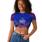 Personalized Haiti Football Raglan Cropped T shirt Brush Stroke Soccer Graphic Flag Colors