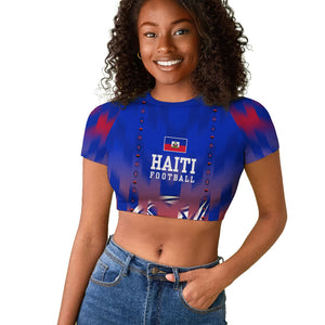Personalized Haiti Football Raglan Cropped T shirt Brush Stroke Soccer Graphic Flag Colors