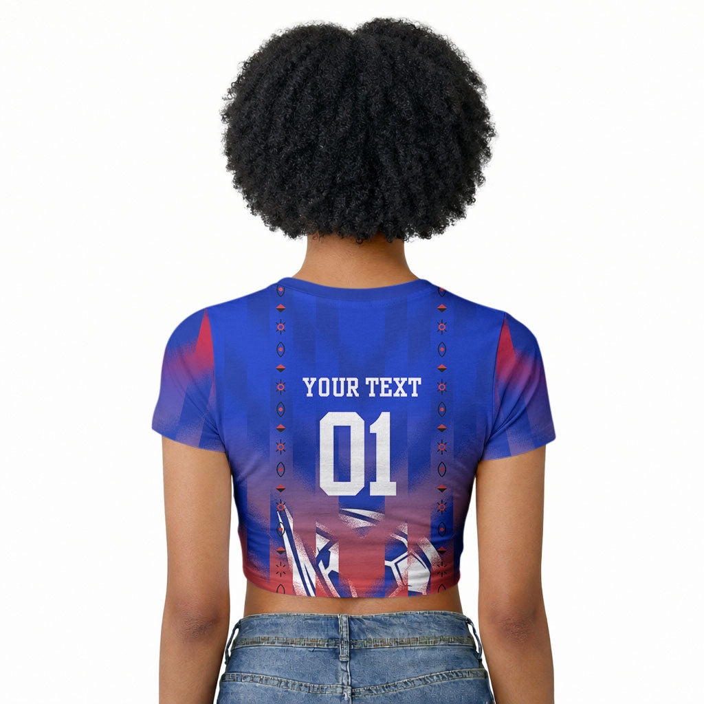 Personalized Haiti Football Raglan Cropped T shirt Brush Stroke Soccer Graphic Flag Colors
