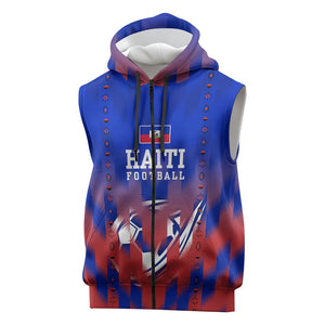 Personalized Haiti Football Sleeveless Zip Hoodie Brush Stroke Soccer Graphic Flag Colors