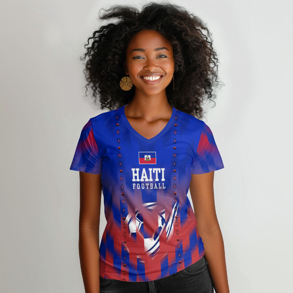 Personalized Haiti Football Women V-Neck T-Shirt Brush Stroke Soccer Graphic Flag Colors