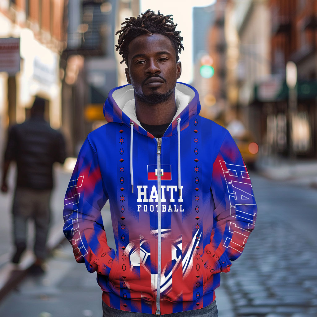 Personalized Haiti Football Zip Hoodie Brush Stroke Soccer Graphic Flag Colors