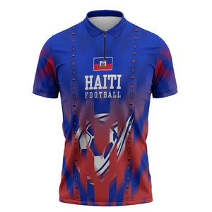 Personalized Haiti Football Zipper Polo Shirt Brush Stroke Soccer Graphic Flag Colors