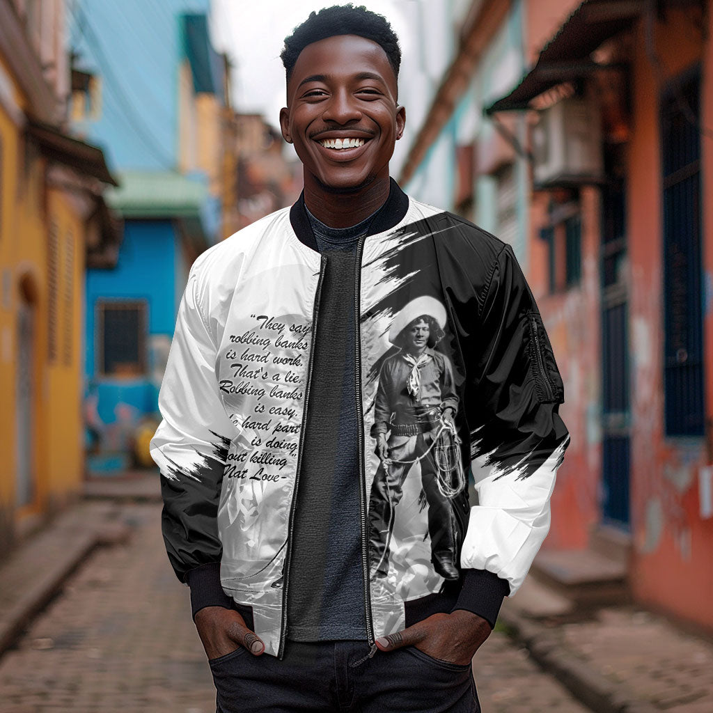 Nat Love Sleeve Zip Bomber Jacket Deadwood Dick Legendary Black Cowboy - Famous Outlaw Quote