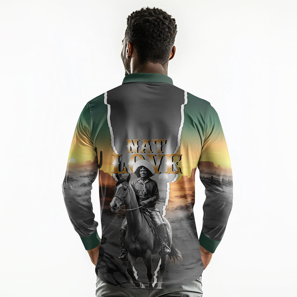 Nat Love Deadwood Dick Legendary Black Cowboy Long Sleeve Polo Shirt Western Frontier Style With Native Southwest Pattern