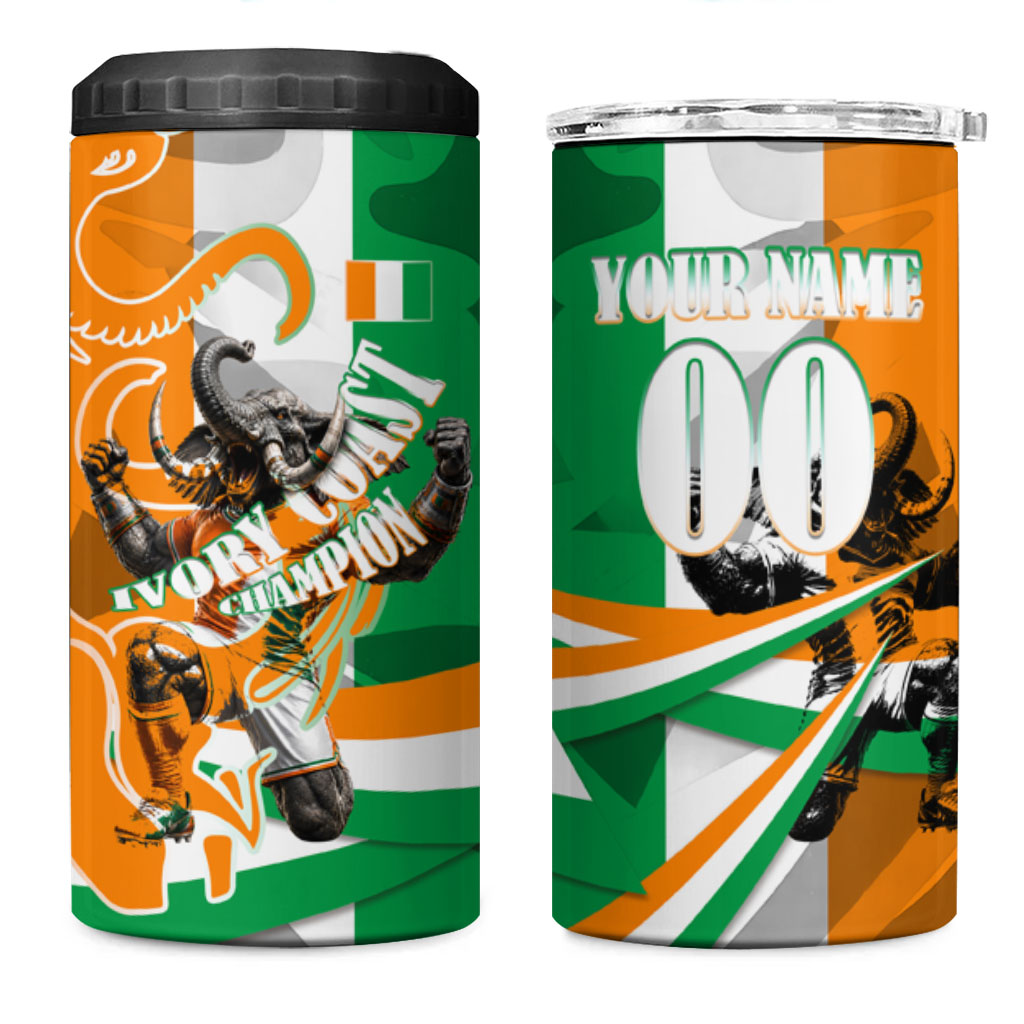 Personalized Ivory Coast Football Elephant Champion 4 in 1 Can Cooler Tumbler Cote d Ivoire Flag Colors Heritage