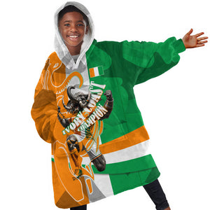Personalized Ivory Coast Football Elephant Champion Kid Wearable Blanket Hoodie Cote d Ivoire Flag Colors Heritage