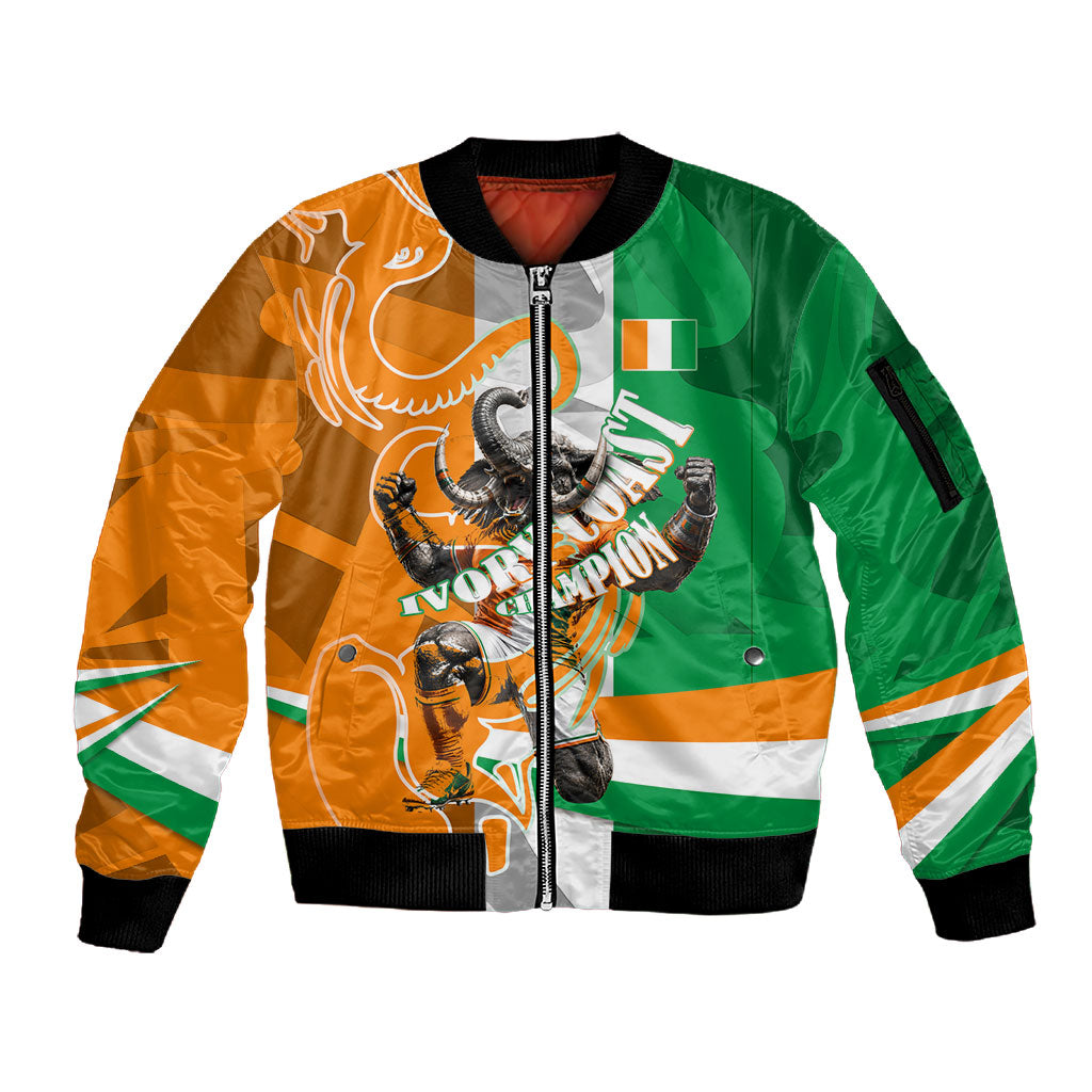 Personalized Ivory Coast Football Elephant Champion Sleeve Zip Bomber Jacket Cote d Ivoire Flag Colors Heritage