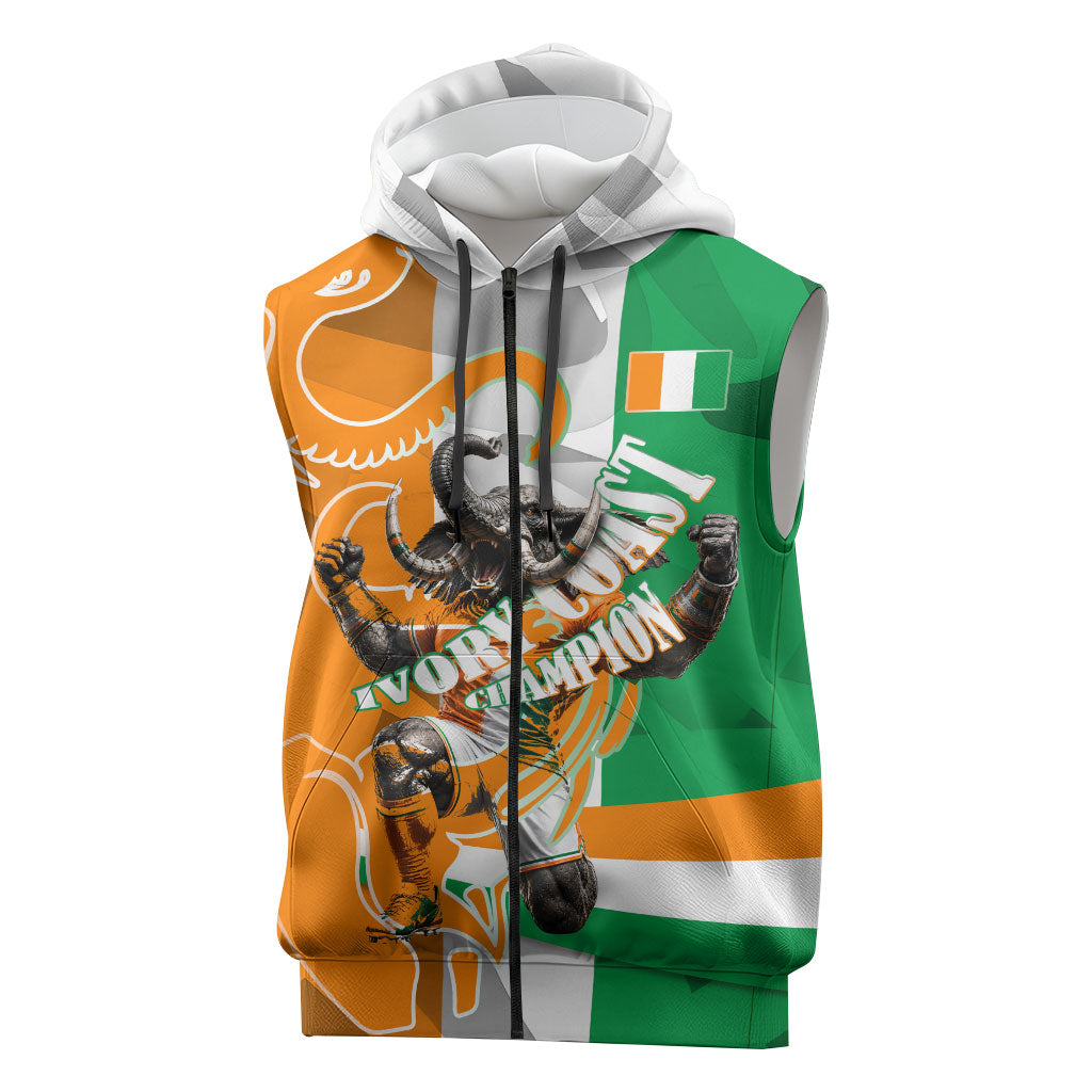 Personalized Ivory Coast Football Elephant Champion Sleeveless Zip Hoodie Cote d Ivoire Flag Colors Heritage