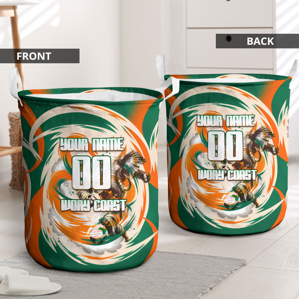 Personalized Ivory Coast Football Laundry Basket Les Elephants Swirl Pattern Heritage Mascot Art