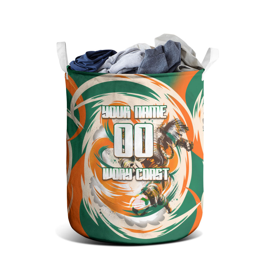 Personalized Ivory Coast Football Laundry Basket Les Elephants Swirl Pattern Heritage Mascot Art