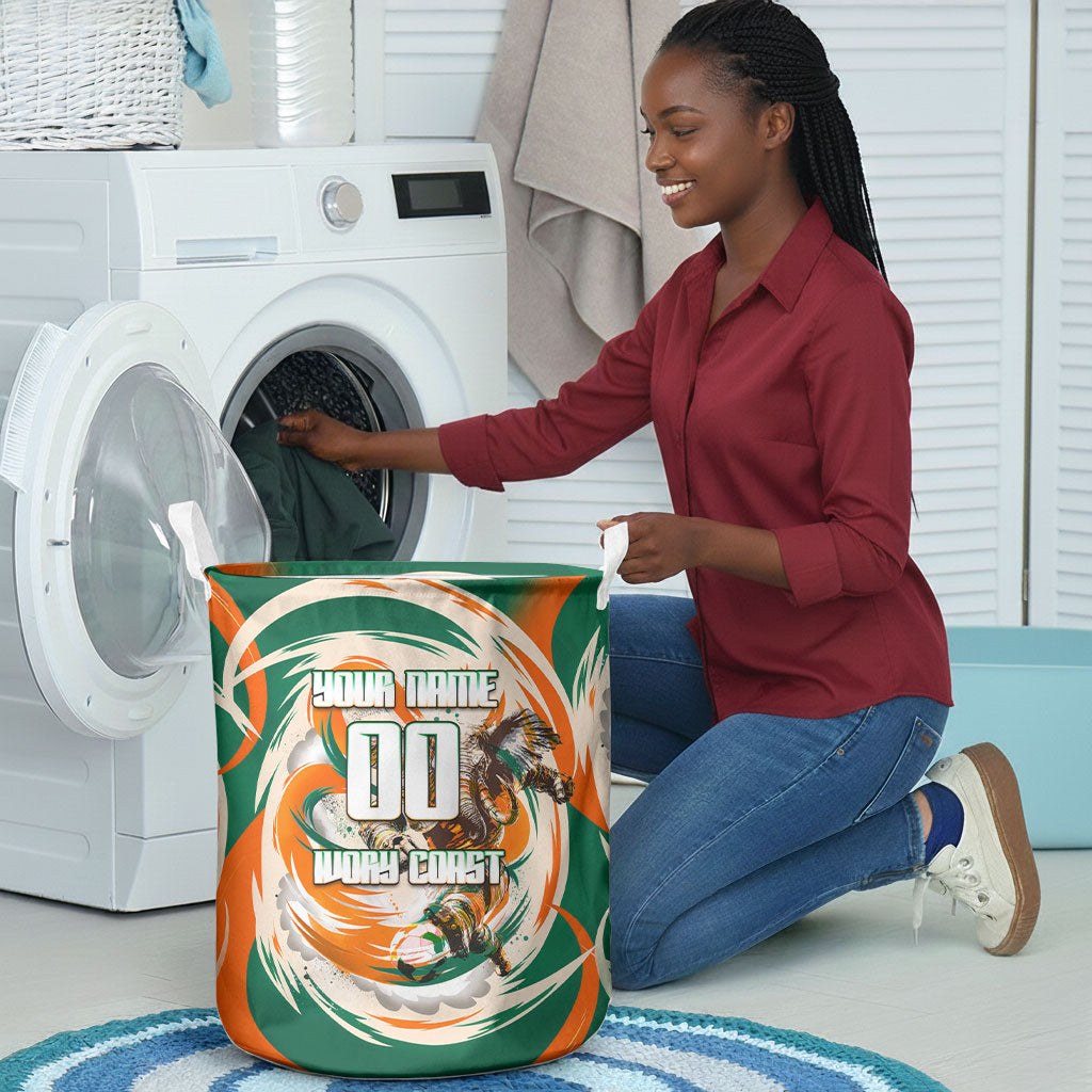 Personalized Ivory Coast Football Laundry Basket Les Elephants Swirl Pattern Heritage Mascot Art