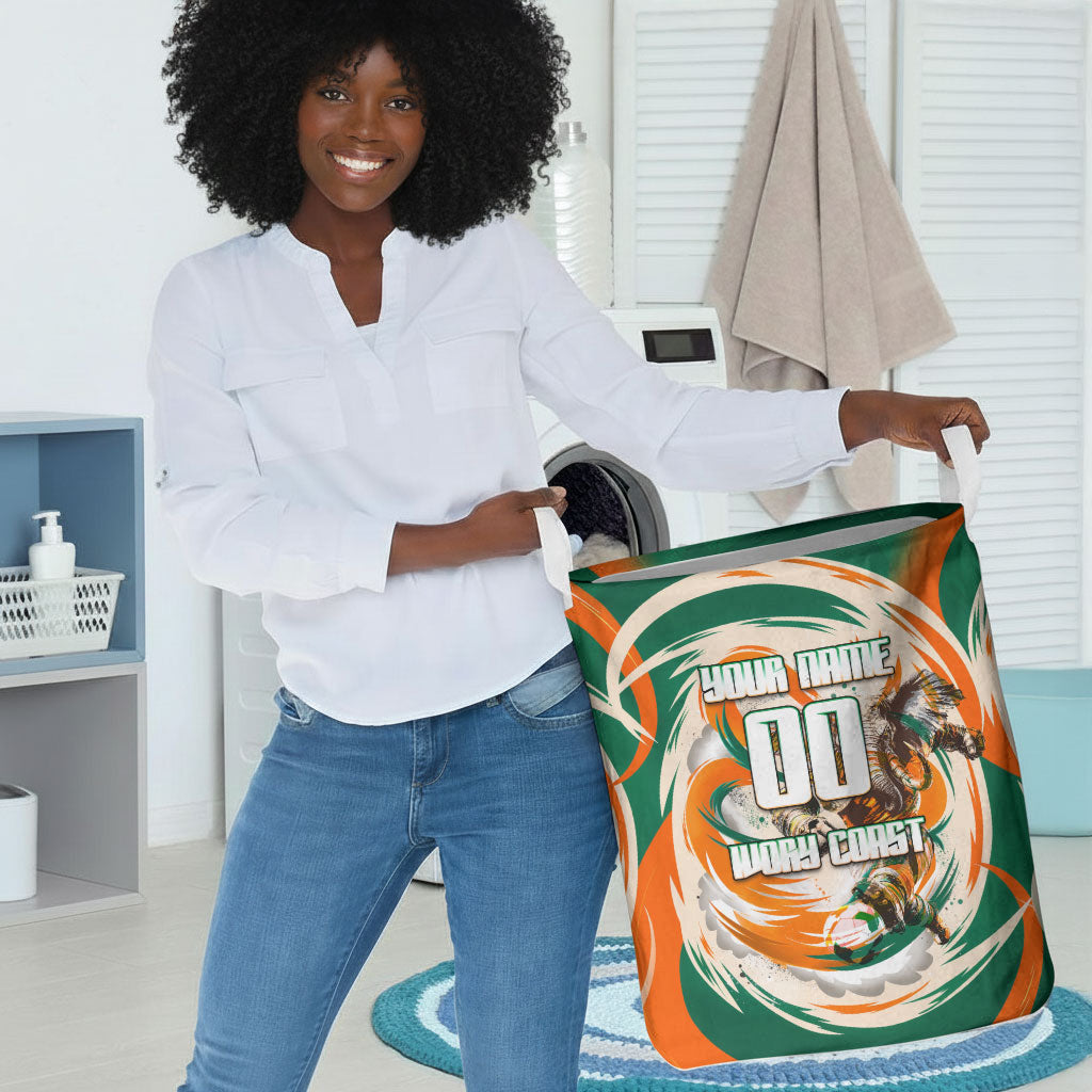 Personalized Ivory Coast Football Laundry Basket Les Elephants Swirl Pattern Heritage Mascot Art