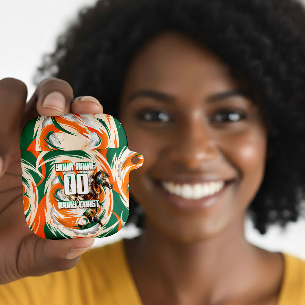Personalized Ivory Coast Football AirPods Case Les Elephants Swirl Pattern Heritage Mascot Art